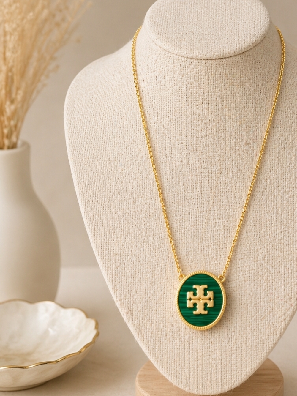 Tory Burch | Semiprecious Malachite Logo Pendant Necklace | Green